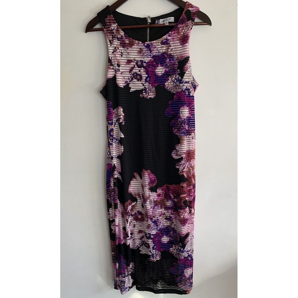 Jennifer Lopez Women's Dress Black Purple Floral Print Sheer Size 12 Vintage Y2K